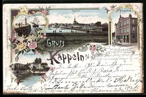 Lithographie Kappeln, Strandhotel, Schauspielhaus, Schleimünde, Segelboot