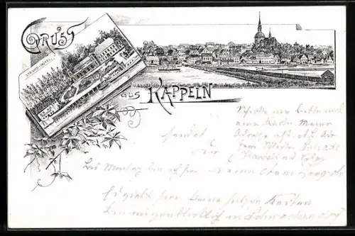 Lithographie Kappeln, Strand-Hotel, Ortsansicht mit Kirche