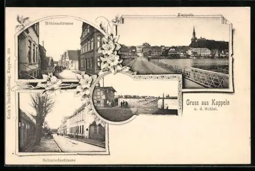 AK Kappeln, Ortsansicht mit Brücke, Schmiedestrasse, Mühlenstrasse