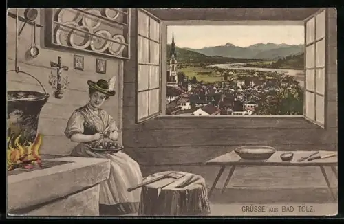 Grusskarten-AK Bad Tölz, Ortsansicht aus einer Wohnstube heraus, Frau mit Tracht