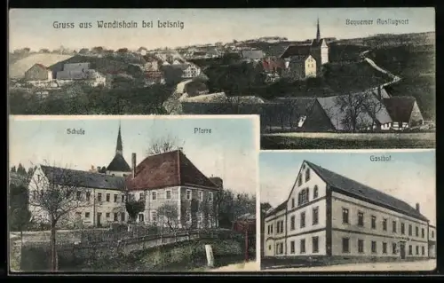 AK Wendishain, Gasthof, Schule und Pfarre, Gesamtansicht