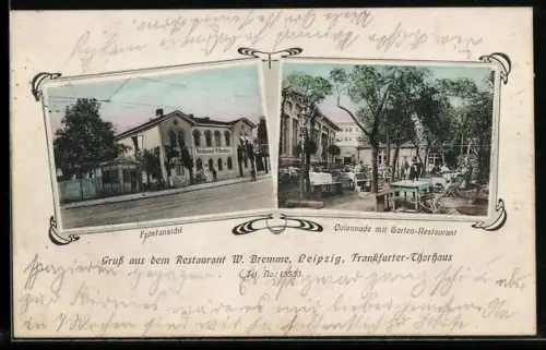 AK Leipzig, Restaurant W. Bremme, Frankfurter-Torhaus, Frontansicht, Kolonnade mit Garten-Restaurant