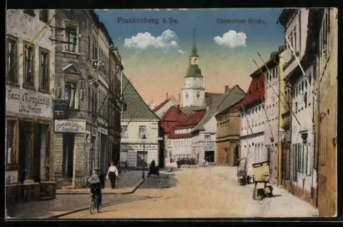 AK Frankenberg i. Sa., Chemnitzer Strasse mit Germania-Drogerie, Wurstgeschäft von Otto Uhlmann