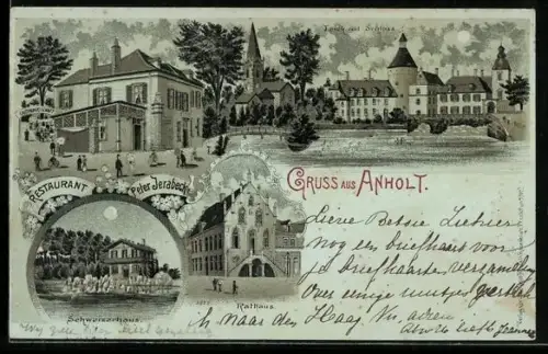 Mondschein-AK Anholt, Restaurant Peter Jerabeck, Schweizerhaus, Rathaus, Teich mit Schloss