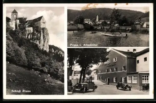 AK Prunn i. Altmühltal, Schloss Prunn, Strassenpartie mit Gasthof Lehner, Ortsansicht vom Wasser aus