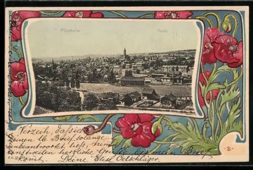 AK Pforzheim, Totalansicht im Passepartout mit Jugendstil-Ornamentik