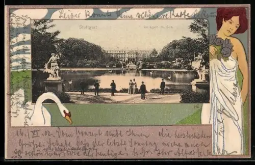 AK Stuttgart, Anlagen mit See, Frau mit Blumen und Schwan, Passepartout