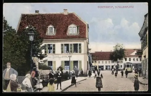 AK Oggersheim, Gasthaus zum Schillerplatz, Strassenbahn