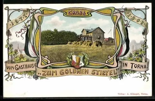 AK Dresden-Torna, Gasthaus Zum Goldnen Stiefel 1877-1907, Jugendstil-Ornamentik, Wappen