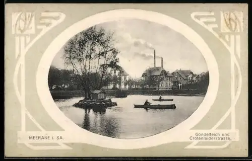 AK Meerane i. Sa., Gondelteich und Crontenlaiderstrasse im Passepartoutrahmen