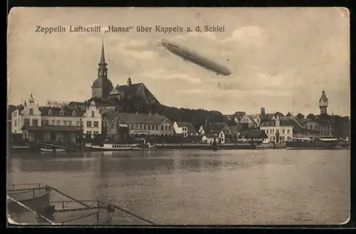 AK Kappeln a. d. Schlei, Zeppelin Luftschiff Hansa über der Stadt