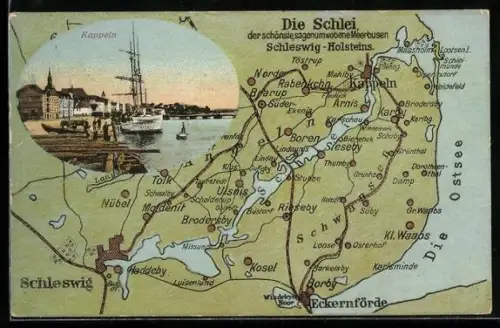 AK Kappeln, Bootsanlegestelle, Landkarte mit Meerbusen Schleswig-Holsteins und Umgebungsstädten