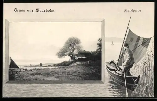 AK Maasholm, Strandpartie, Mann im Boot