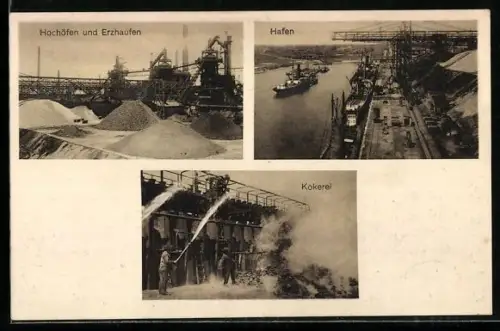 AK Herrenwyk, Hochofenwerk Lübeck AG, Hochöfen und Erzhaufen, Kokerei, Hafen