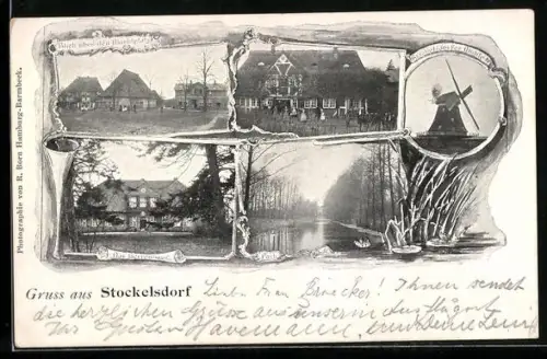 Passepartout-AK Stockelsdorf, Windmühle, Herrenhaus, Marktplatz