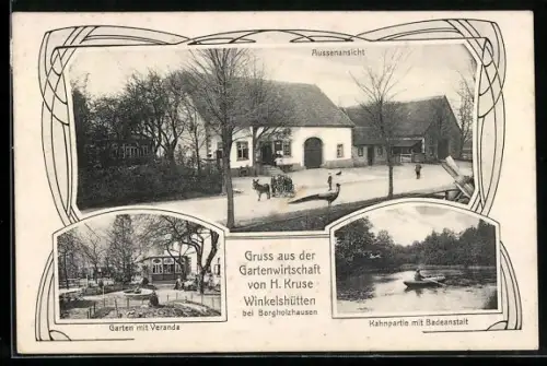AK Winkelshütten, Gartenwirtschaft H. Kruse mit Gartenveranda und Kahnpartie mit Badeanstalt