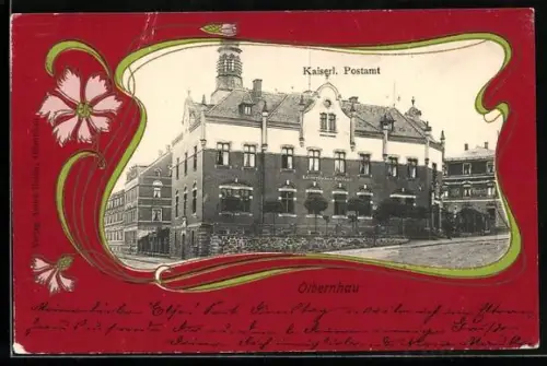 AK Olbernhau, Kaiserliches Postamt, Passepartout mit Jugendstil-Ornamentik