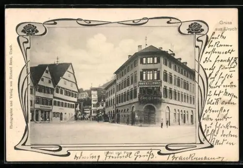 AK Bad Urach, Ortspartie mit Hotel de Post und Post