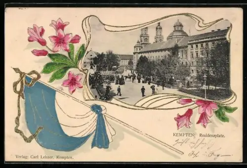 Passepartout-Lithographie Kempten / Allgäu, Residenzplatz aus der Vogelschau, Blumen, Fahne