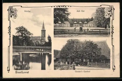 AK Basthorst, Grader`s Gasthof, Adl. Gut und Kirche