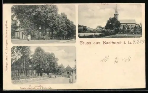 AK Basthorst i. L., Gasthaus und Kolonialwaren H. Hamester, Kirche und Pastorat