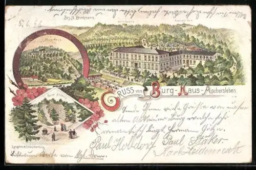 Lithographie Aschersleben, Gasthof Burg-Haus, Bes. H. Brinkmann, Ruine Ascania