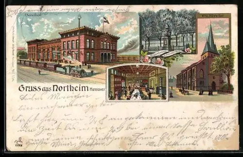 Lithographie Northeim /Hannover, Bahnhof, Ev. Kirche, Kriegerdenkmal