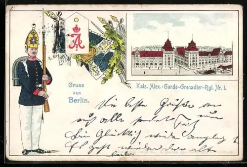 AK Berlin, Kaserne des Alexander-Garde-Grenadier-Regiments Nr. 1, Soldat in Uniform, Am Kupfergraben