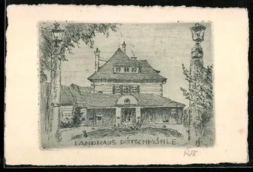 Künstler-AK Koblenz, Landhaus Pötschmühle mit Garten