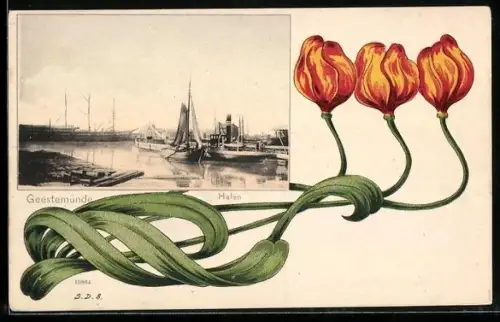 AK Geestemünde, Hafen im Tulpen-Passepartout, Jugendstil