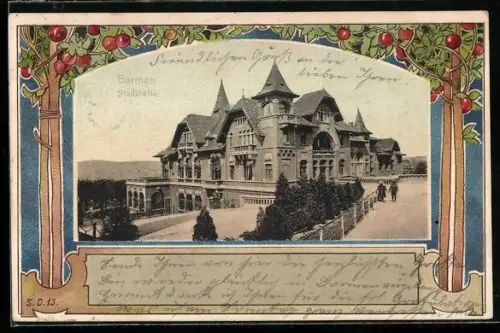 AK Barmen, Stadthalle im Passepartout mit Apfelbäumen, Jugendstil