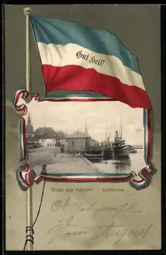 AK Kappeln, Partie am Hafen mit der Schiffbrücke, Flagge