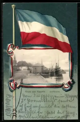 AK Kappeln, Partie am Hafen mit der Schiffbrücke, Flagge