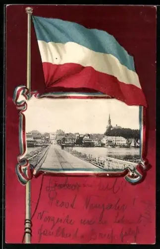 Grusskarten-AK Kappeln a. d. Schlei, Brücke mit Passanten, Fahnen-Passepartout