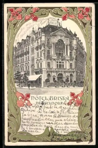 Lithographie Düsseldorf, Das Hotel Bristol im Eckhaus, florales Passepartout