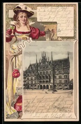 AK München-Au, Neues Rathaus, Passepartout mit Junger Dame im Jugenstil