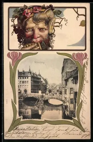 AK Nürnberg, Stadtansicht mit Brücke, Jugendstil-Passepartout mit Satyr