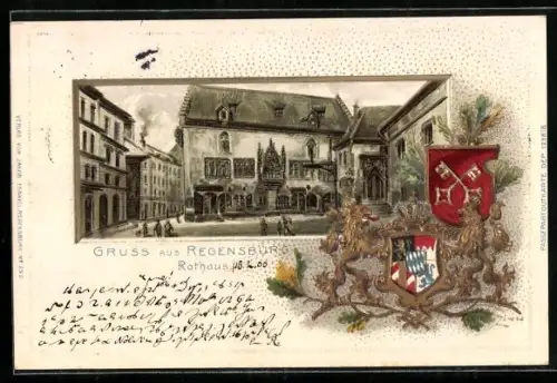 Passepartout-Lithographie Regensburg, Rathaus, Wappen mit Eichenzweig