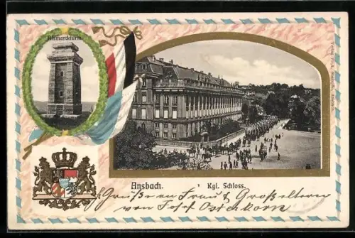 Passepartout-Lithographie Ansbach, Kgl. Schloss mit Bismarckturm, Wappen
