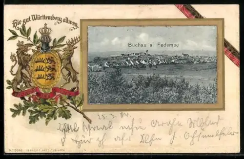 Passepartout-Lithographie Buchau a. Federsee, Panorama, Passepartout mit Wappen