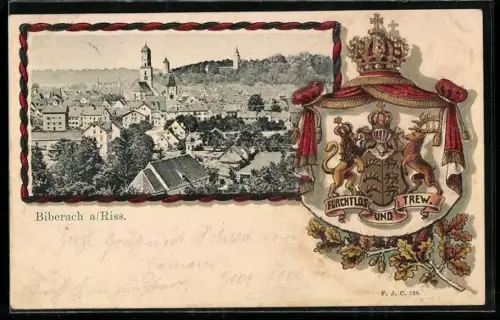 Passepartout-Lithographie Biberach a. Riss, Stadtansicht aus der Vogelschau, Wappen