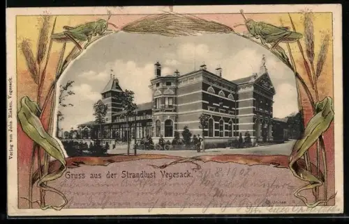 AK Vegesack, Strandhotel, Passepartout mit Heuschrecken, Jugendstil