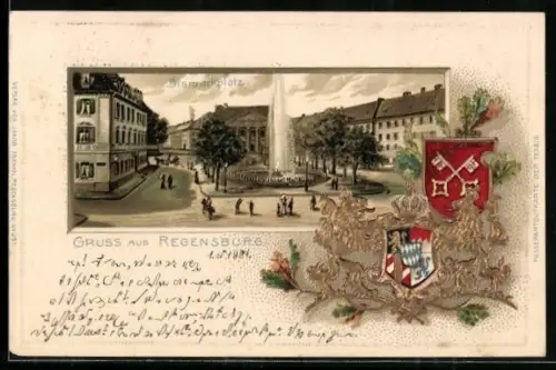 Passepartout-Lithographie Regensburg, Bismarckplatz mit Brunnen, Wappen