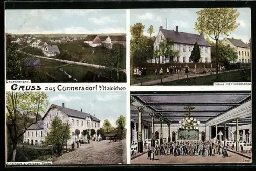 AK Cunnersdorf, Schule mit Friedenseiche, Gasthaus zur weissen Taube