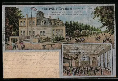 Lithographie Dresden-Trachau, Gasthaus Waldvilla Trachau, Bes. Max Kühne