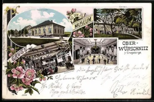 Lithographie Ober-Würschnitz i / Erzgebirge, Garten, Saal