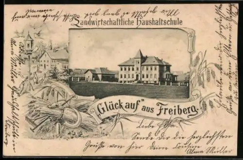 AK Freiberg, Landwirtschaftliche Haushaltschule, Passepartout mit Taubenschlag