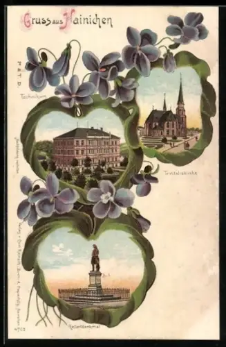 Passepartout-Lithographie Hainichen, Gellertdenkmal, Technikum, Trinitatiskirche im Blumenpassepartout