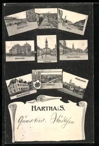 AK Hartha i. S., Waldheimer-Strasse, Albert-Strasse, Markt mit Rathaus