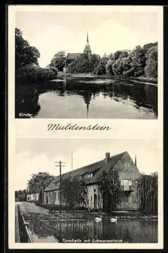 AK Muldenstein, Kirche, Turnhalle mit Schwanenteich